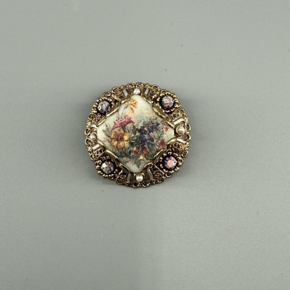 Vintage West Germany Sugar Glass Floral Brooch AB Rhinestone Filigree Gold Tone